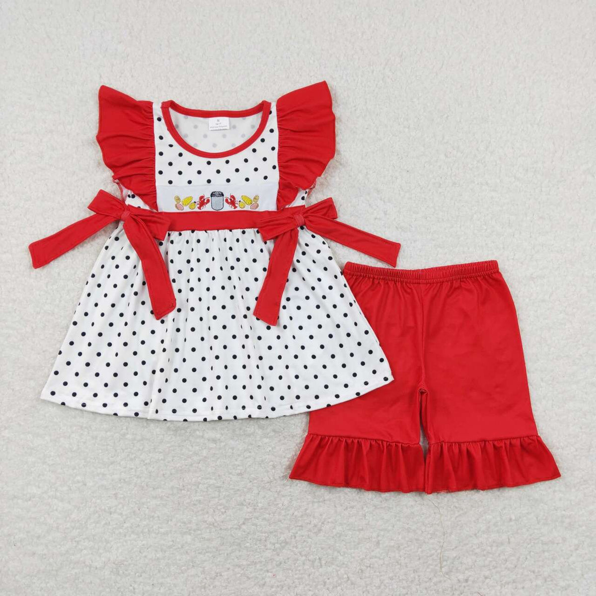 GSSO0454 Embroidery Crayfish dot flutter sleeve red shorts girls set