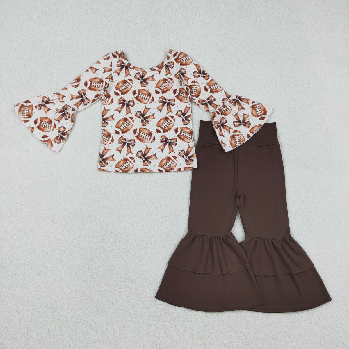 GLP2787 Football Bows Long Sleeve Brown Bell-bottom Pants Girls Set