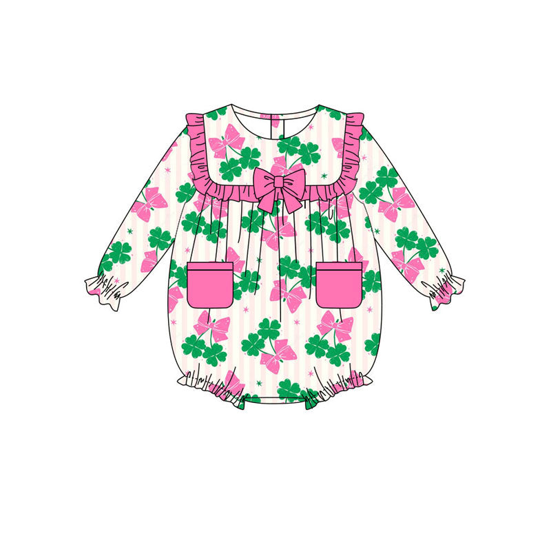 custom moq 5 St Patrick clover green pink pockets long sleeve girls romper