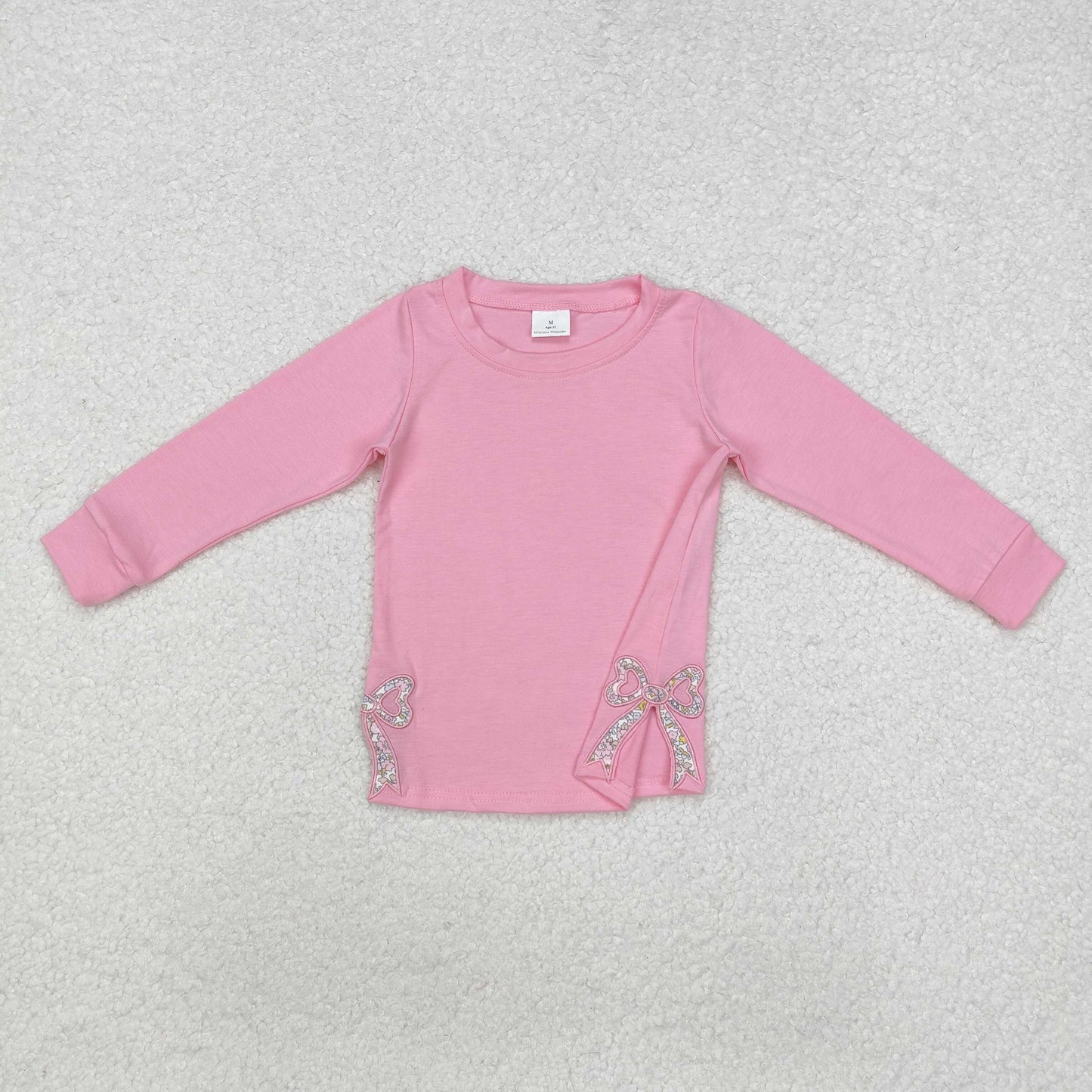 embroidery GT0872 cute bows pink long sleeve girls top