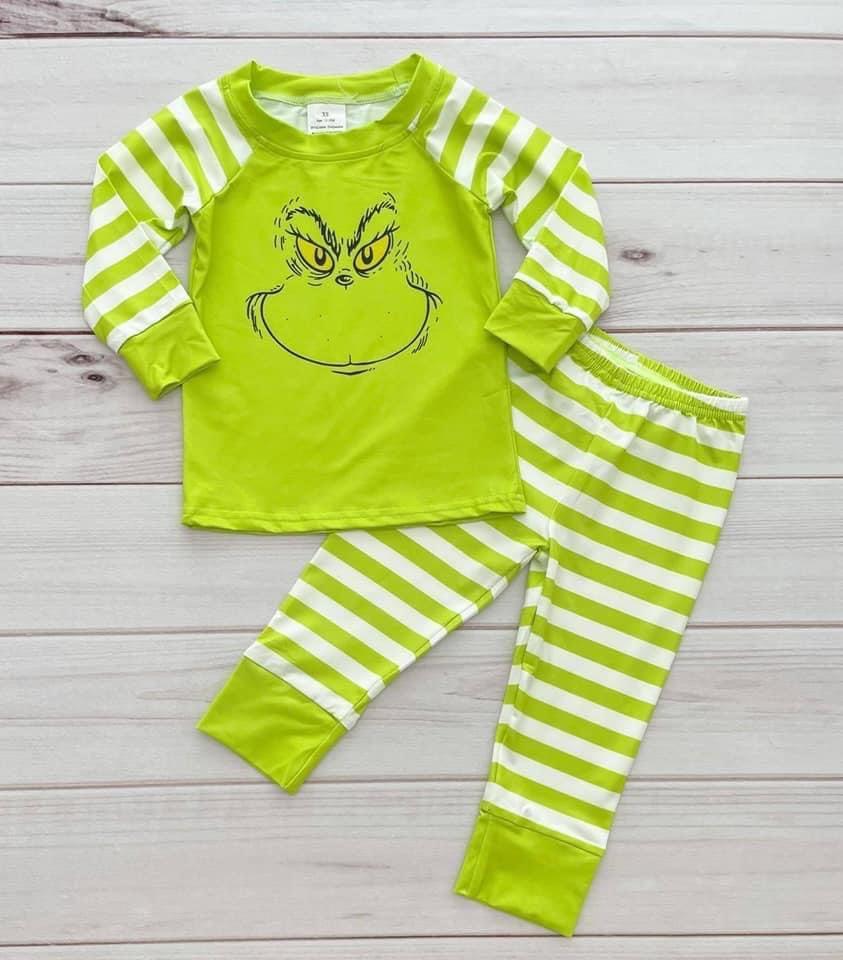 6 B7-2 Christmas Baby Kids Green Striped Print Pajamas