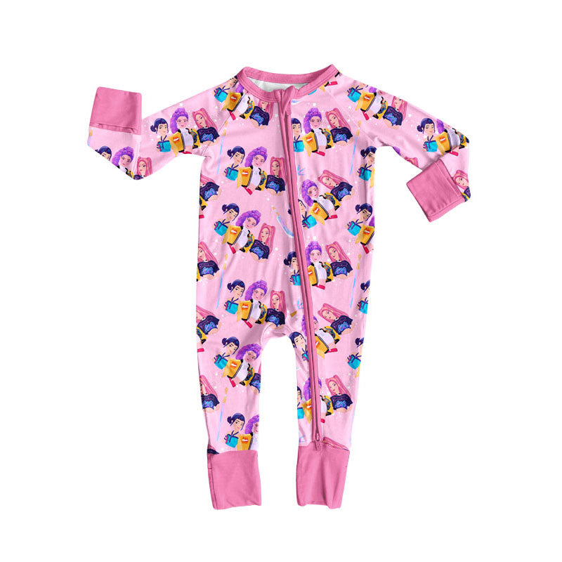 Custom moq 20 bamboo cartoon K witch pink zipper long sleeve girls romper