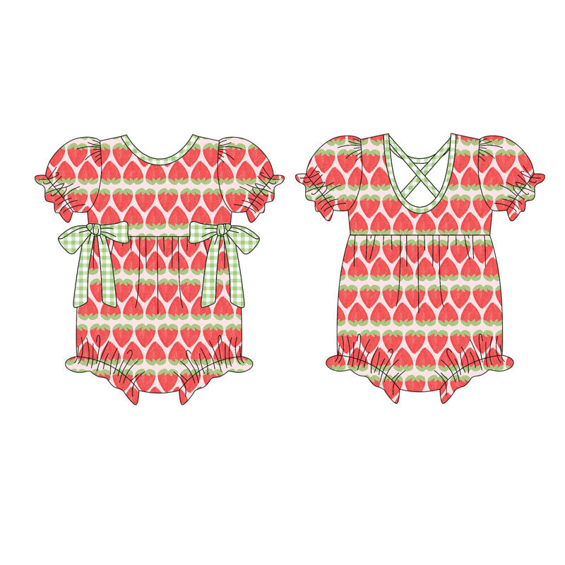 custom moq 5 strawberry bows short sleeve girls romper