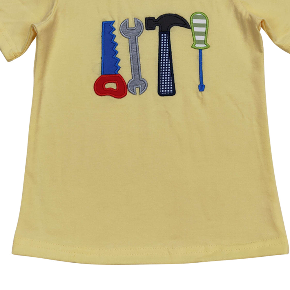 BT0575 embroidery Cartoon Tool Light Yellow Short Sleeve Boys Top