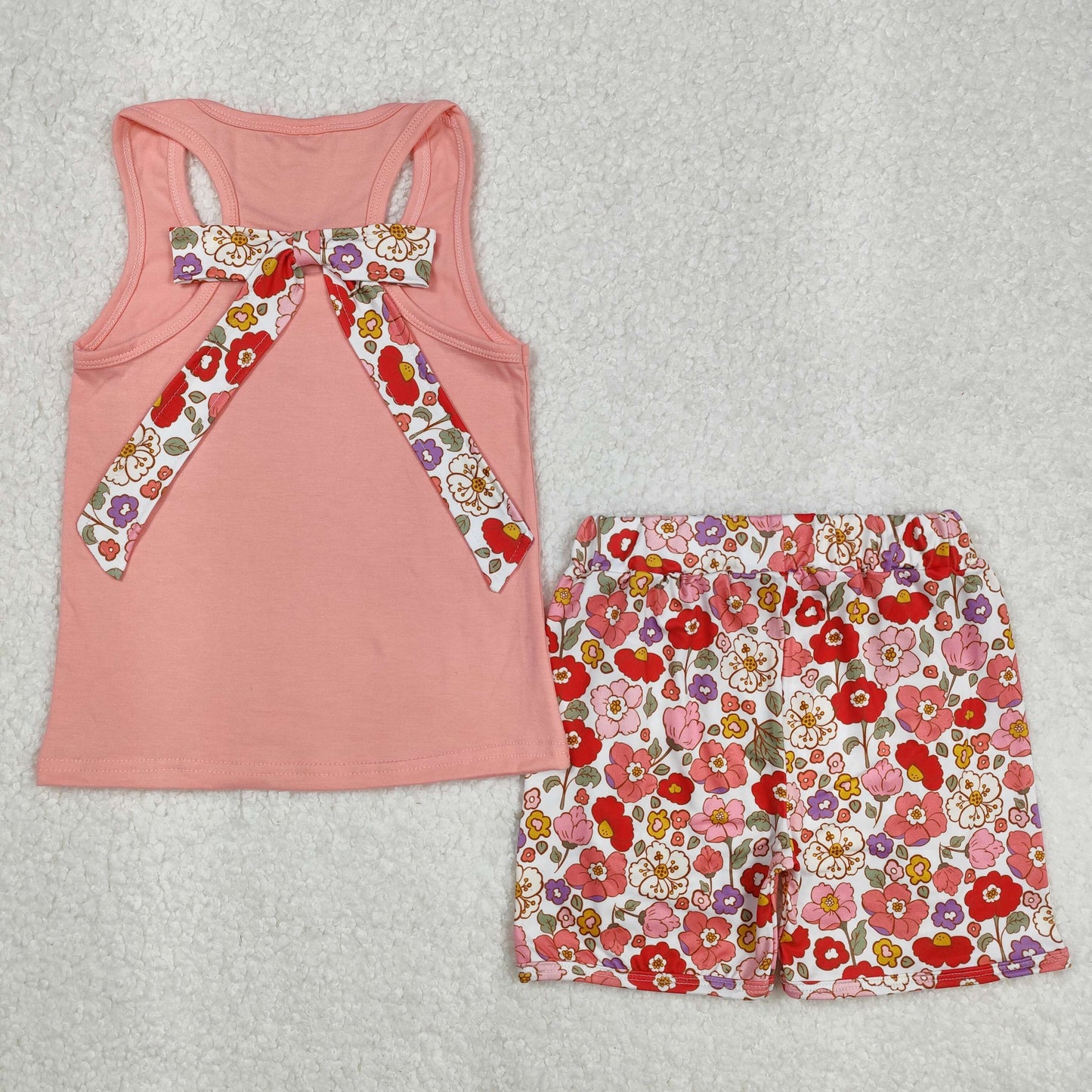 GSSO1793 Light Pink Pocket Bows Sleeveless Ruffles Flowers Shorts Girls Set
