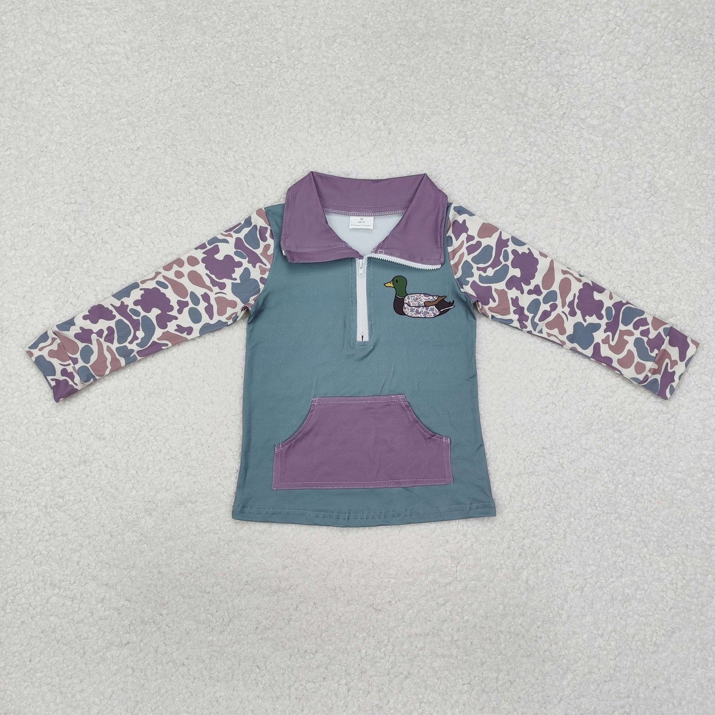 BT0928 cute camo mallard duck dark grey pocket zipper long sleeve boys pullover