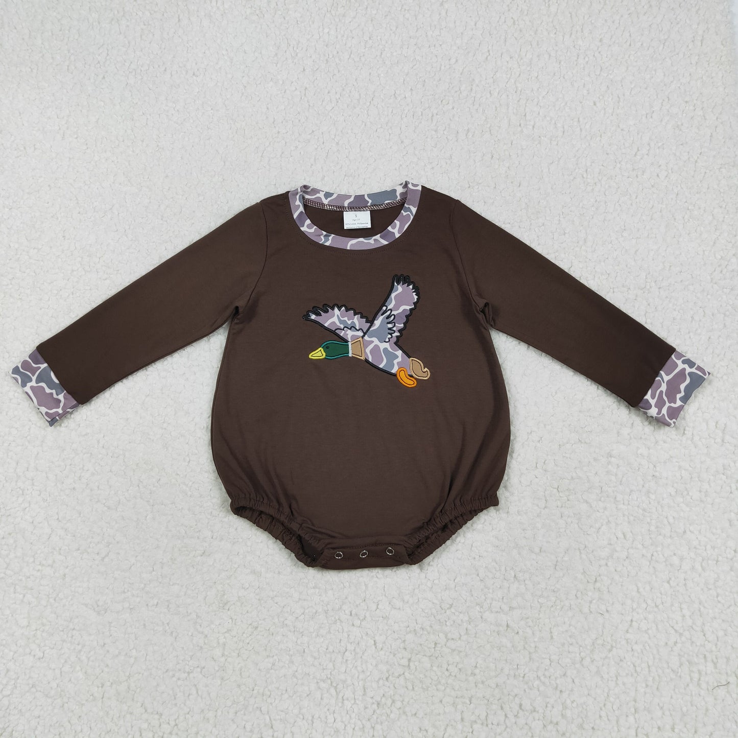 embroidery LR2310 hunting camo mallard duck brown long sleeve boys romper