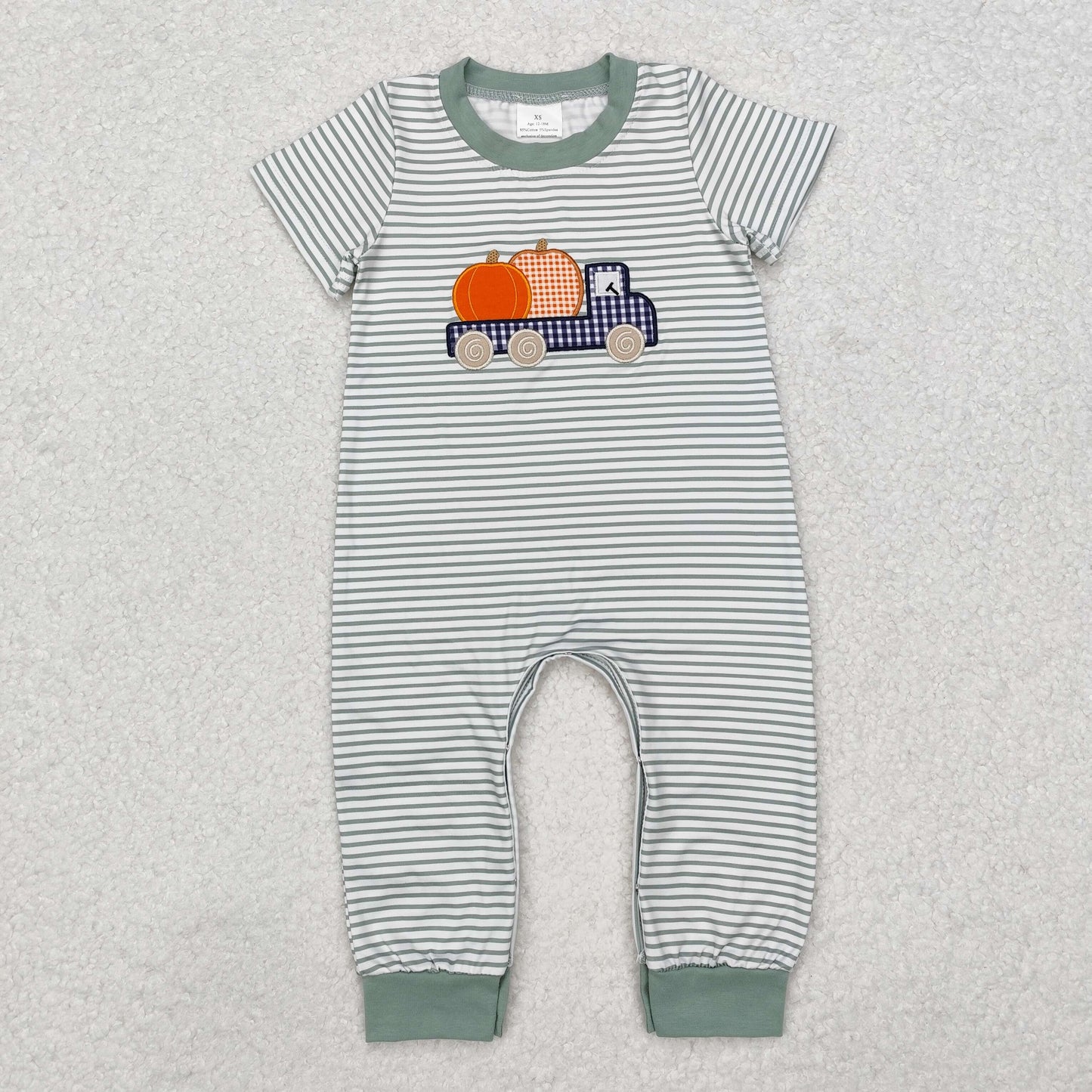 embroidery SR1958 Pumpkin truck striped short sleeve boys romper