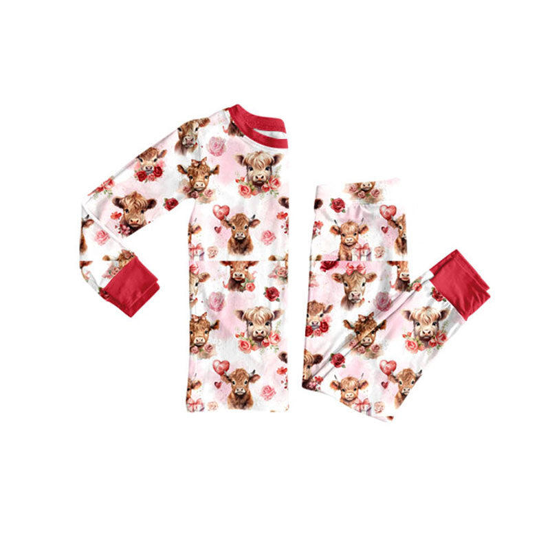 custom moq 5 highland cow flowers red long sleeve pants girls pajamas