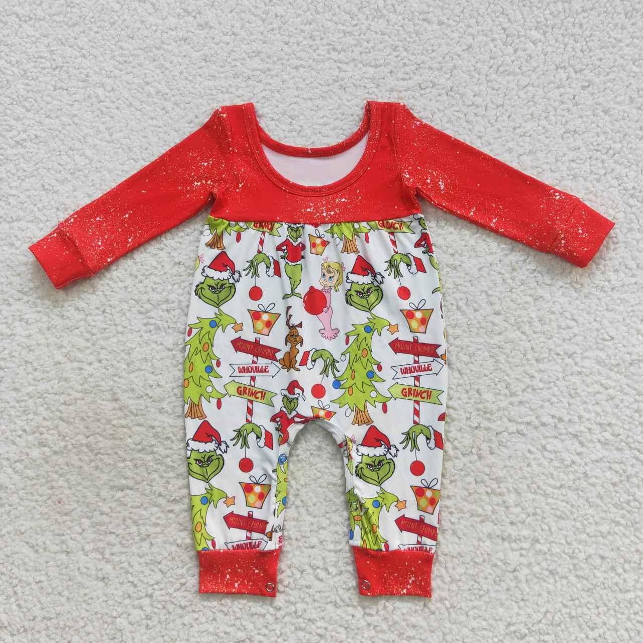 LR0625 Christmas green face long sleeve girls romper