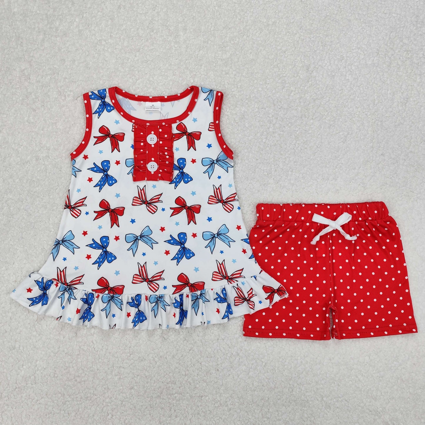 GSSO1991 July 4th red blue bows sleeveless red dot shorts girls set