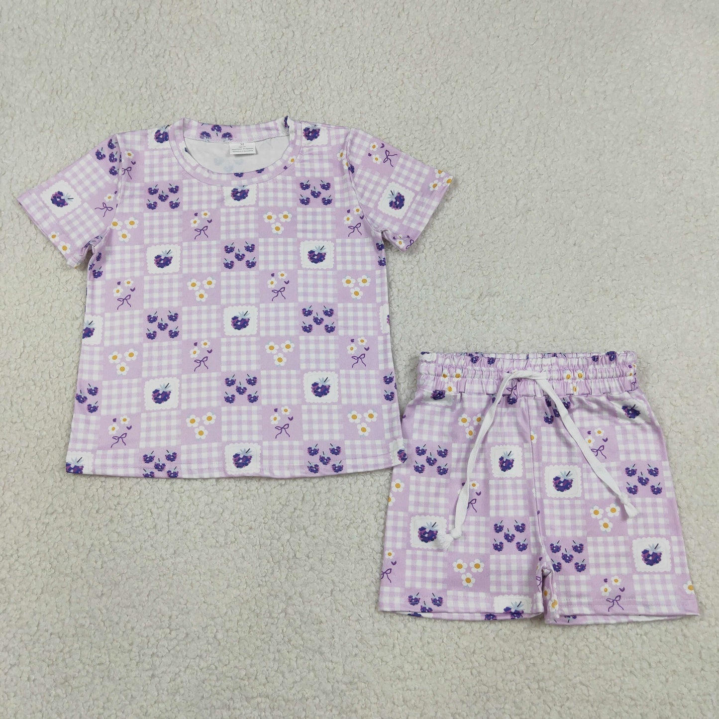 GSSO3647 Purple Flowers Bows Short Sleeve Shorts Girls Set