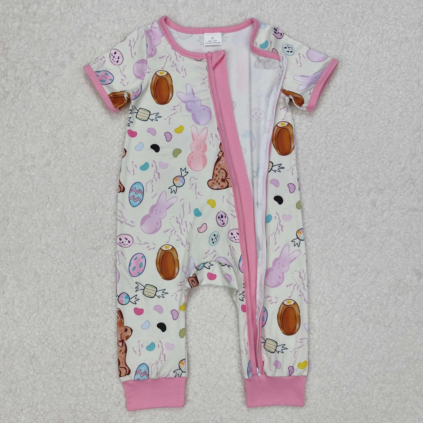 SR2712 Easter pink purple rabbit bunny short sleeve zipper girls romper
