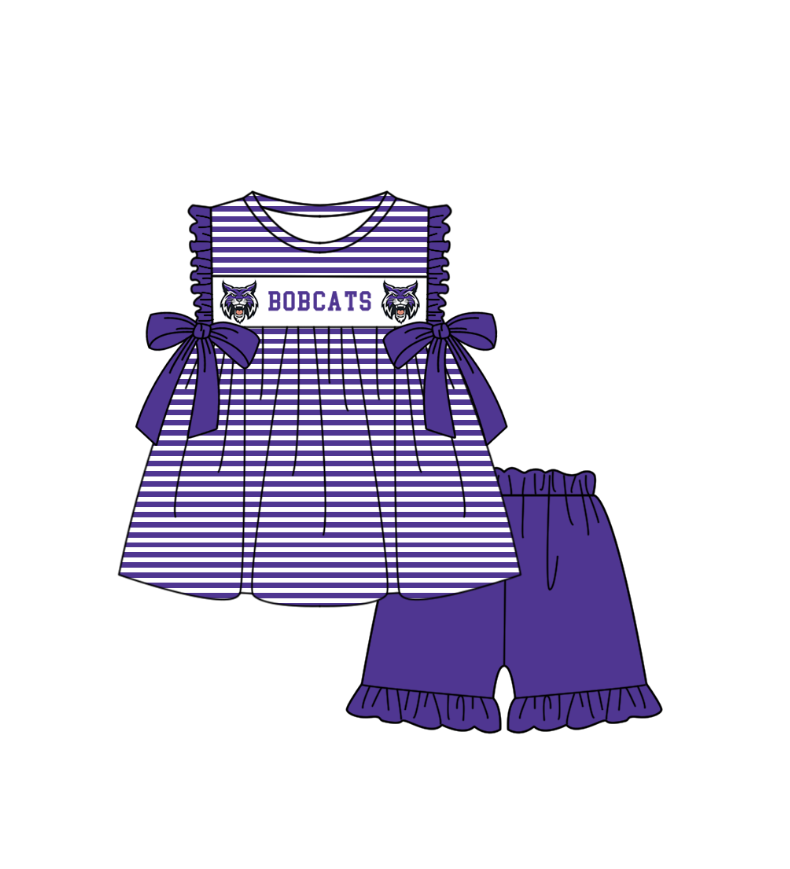 Custom Moq 3 Football Item Purple Bobcats Sleeveless Shorts Girls Set