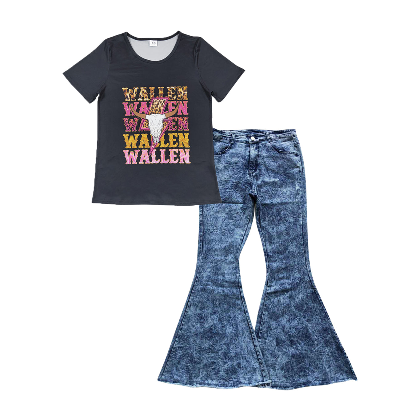 Wallen cow black short sleeve top blue denim pants adult set