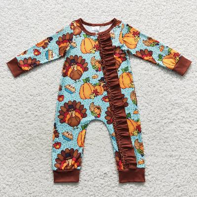 LR0580 Thanksgiving turkey long sleeve girls romper