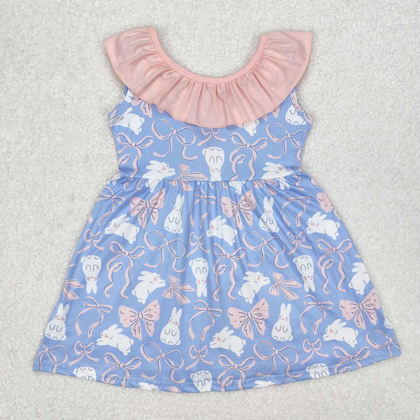 GSD1829 Rabbit Pink Bows Blue With Bow Girls Dress