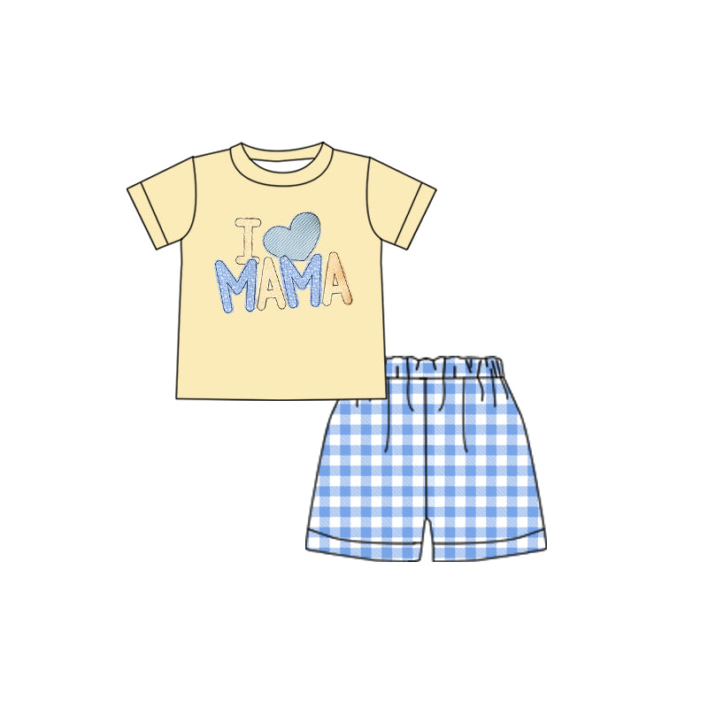 preorder BSSO0313 I love mama yellow short sleeve blue checkered shorts boys set