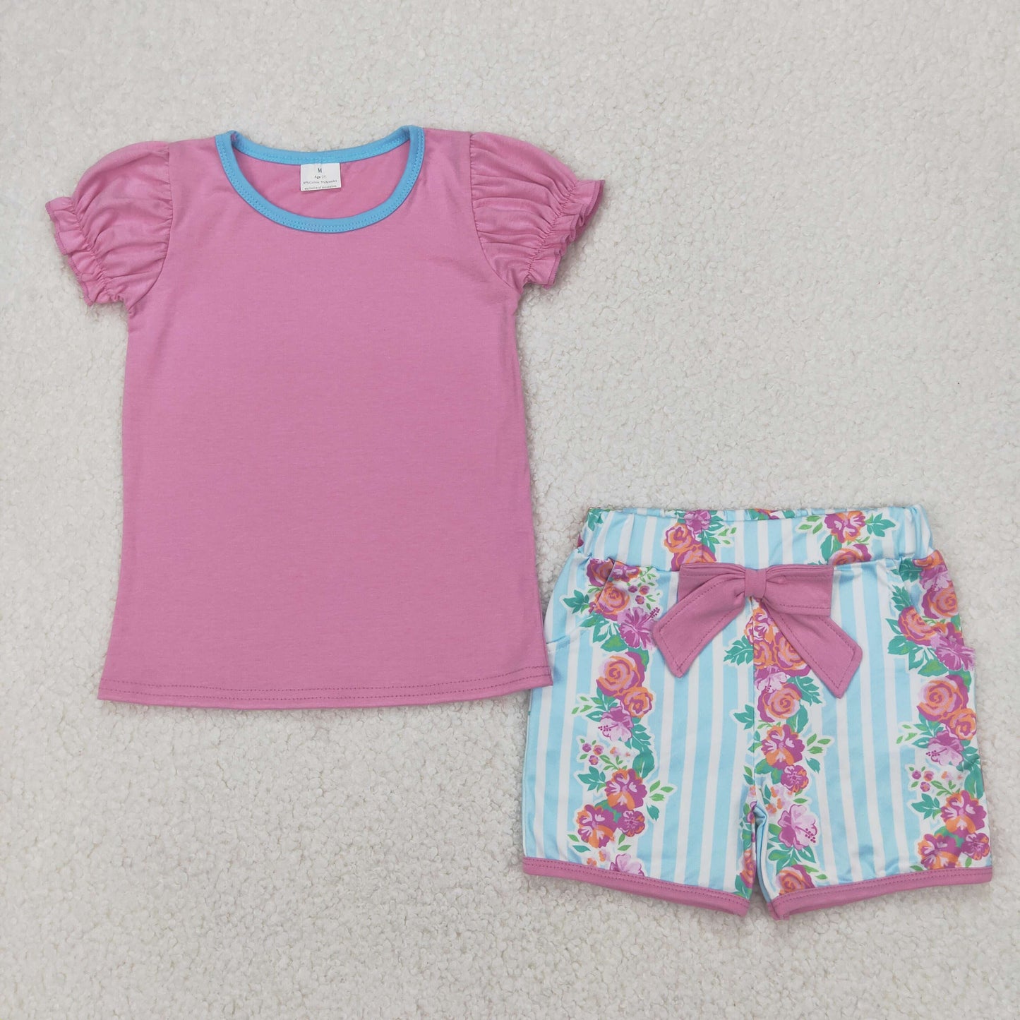 GSSO23589 hot pink short sleeve flowers striped with bow shorts girls set