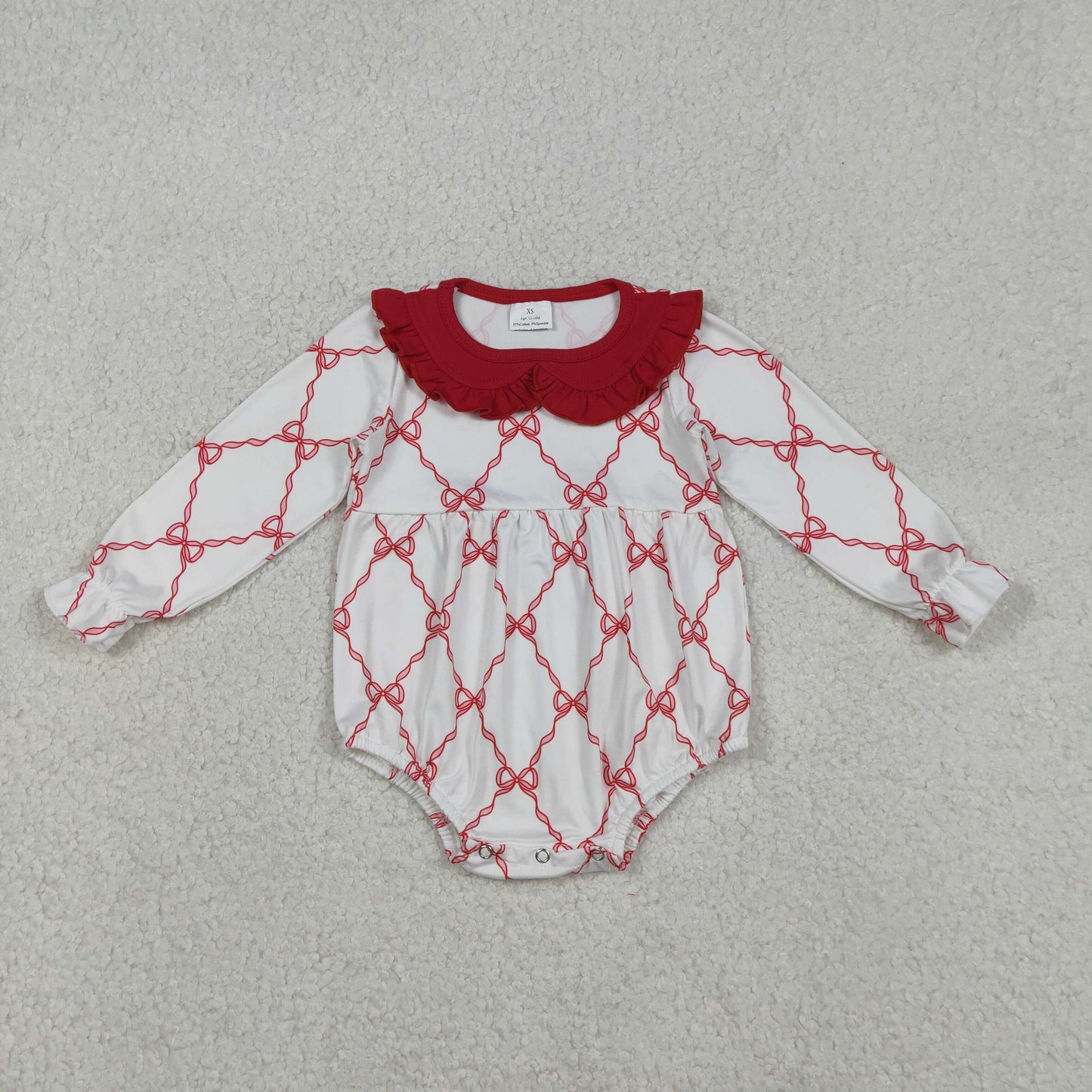 LR2725 Valentine's Day red bows long sleeve girls romper