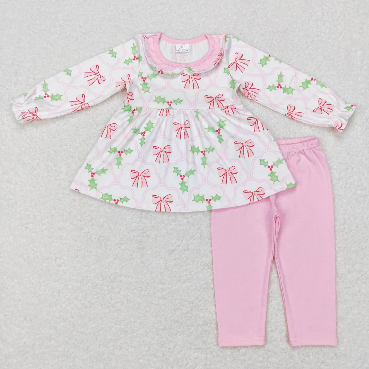 GLP0692 Christmas holly leaf bowknot pink long sleeve pants girls set