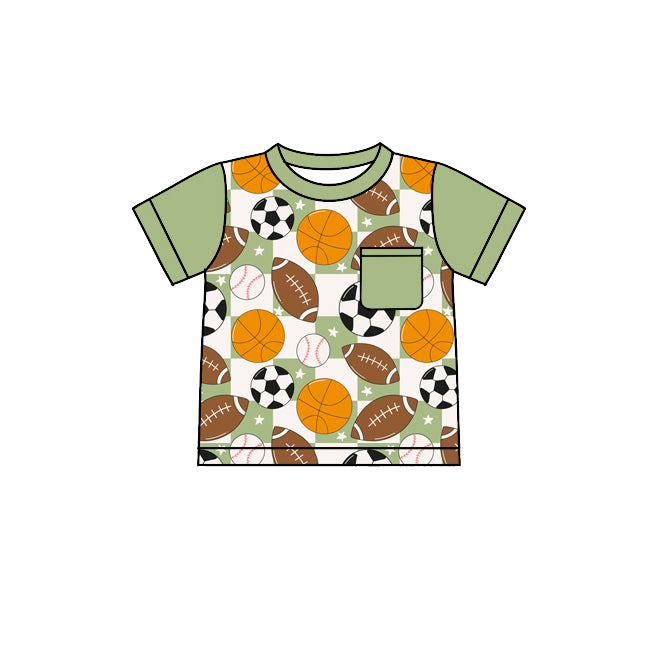 preorder BT0618 Balls football basketball baseball green pocket short sleeve boys top