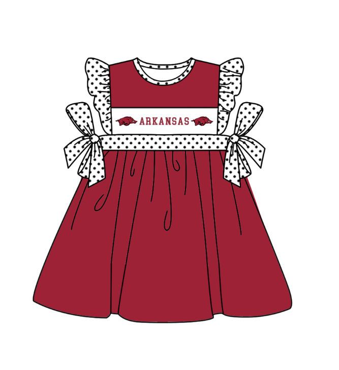 Custom Moq 3 Football Team Arkansas Red Flutter Sleeve Girls Dress