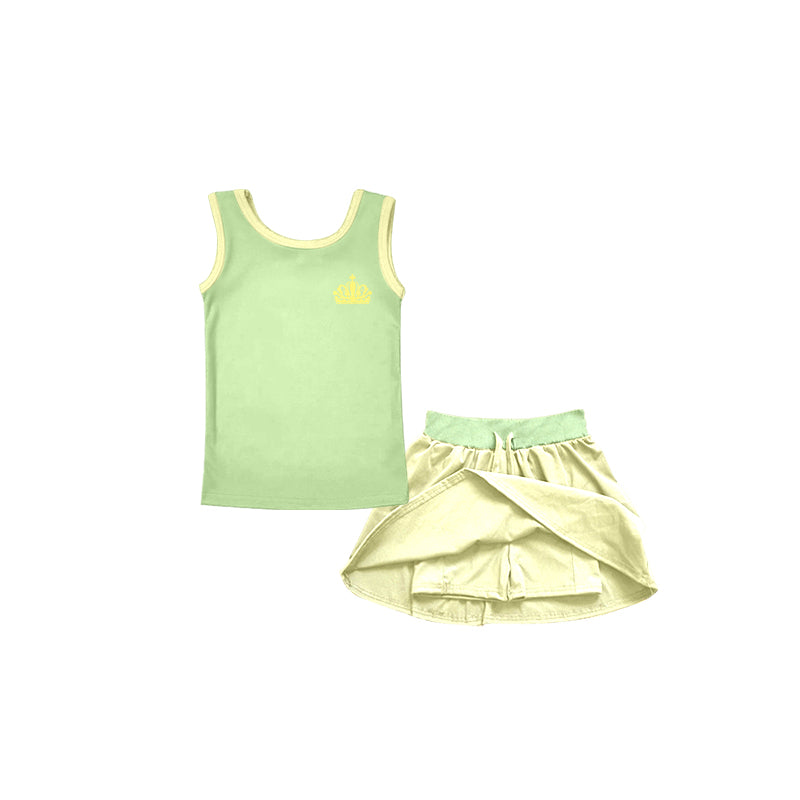 Custom Moq 3 Cartoon Princess Green Sleeveless Yellow Skirt With Shorts Girls Set