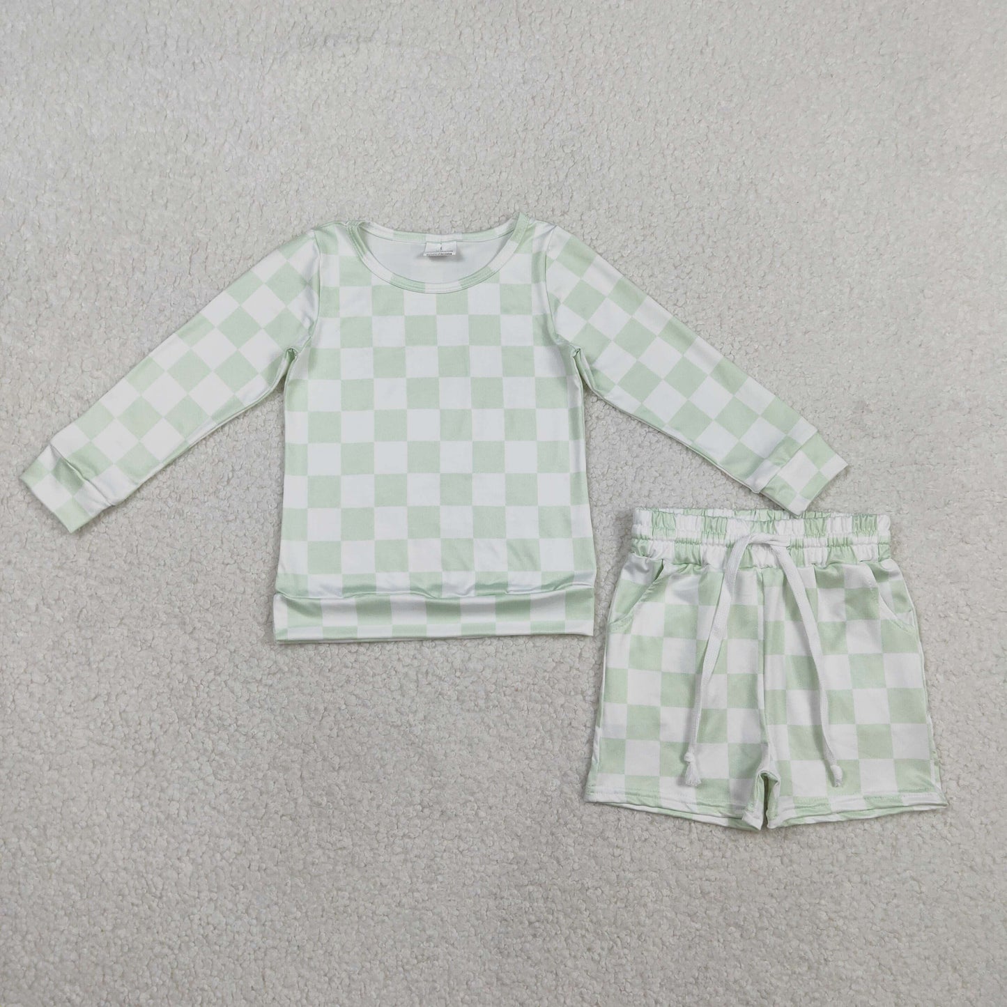 GLS0086 Green Checkered Long Sleeve Shorts Girls Set