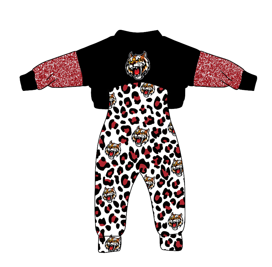 Custom Moq 3 football team tigers black long sleeve red leopard jumpsuits girls set