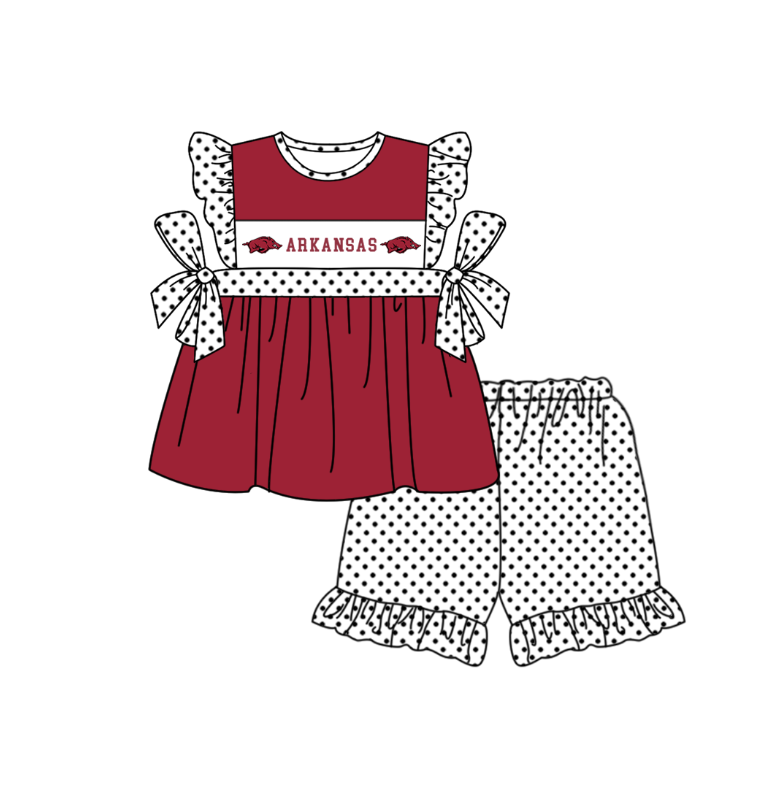 Custom Moq 3 Football Team Arkansas Red Flutter Sleeve Shorts Girls Set