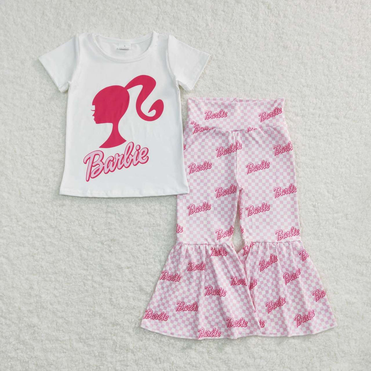 GSPO0876 BA White short sleeve pink plaid pants girls set