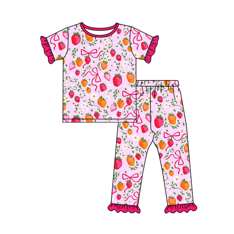 custom moq 5 strawberry bows hot pink short sleeve pants girls pajamas