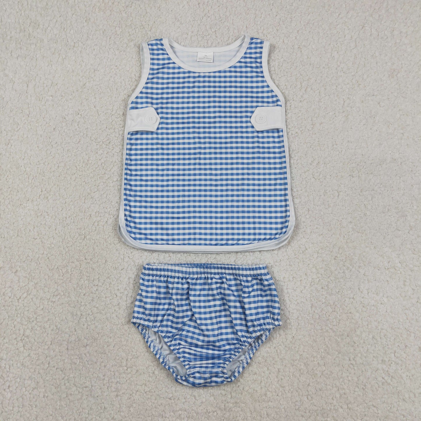 GBO0531 Blue Checkered Sleeveless Girls Bummies Set