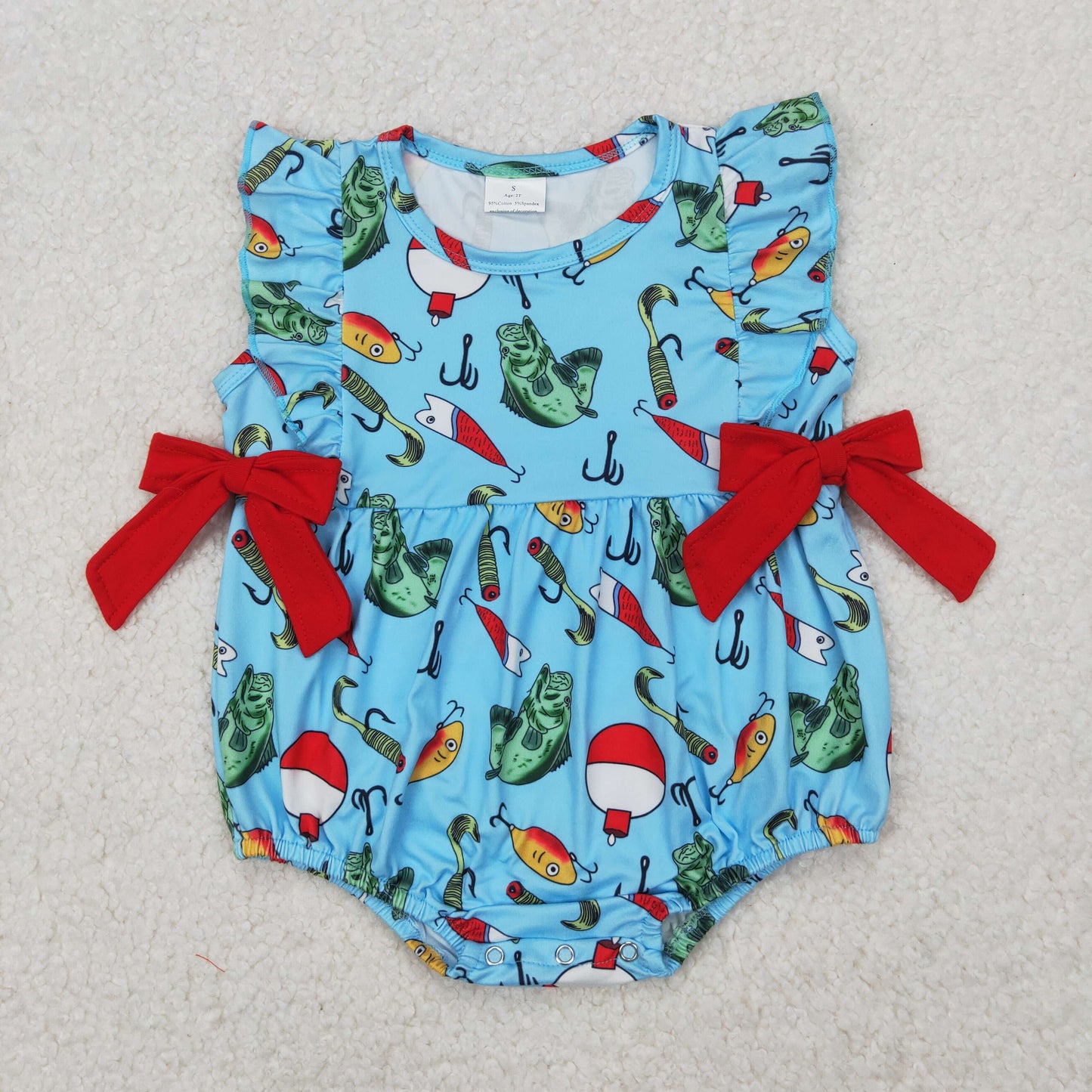 SR2708 Hunting fishing red bows blue ruffles sleeve girls romper