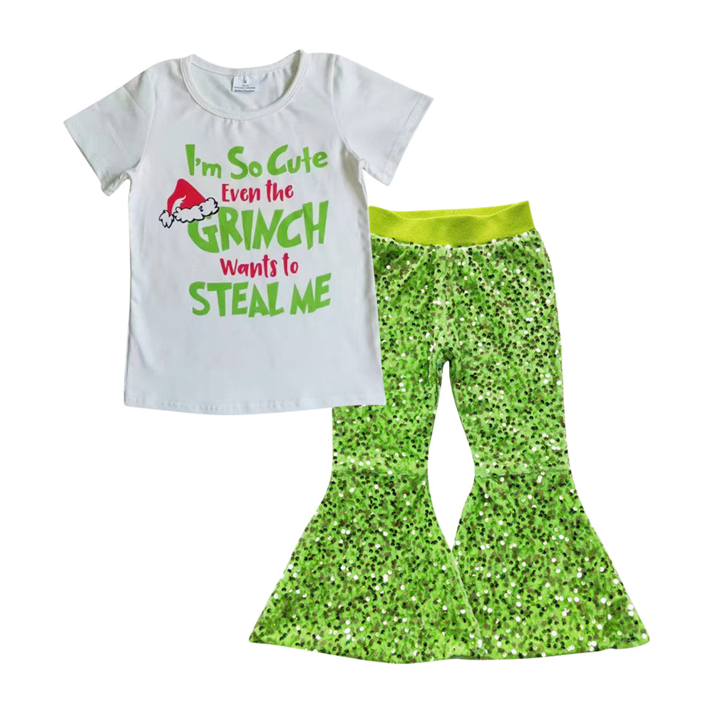 Christmas Green Face White Short Sleeve Green Sequin Pants Girls Set