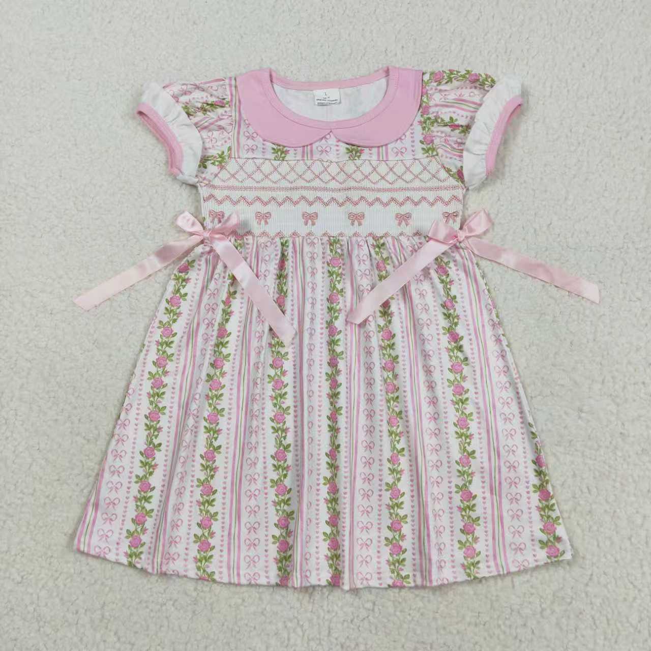Smocked embroidery pink bows flowers RTS Sibling Clothes