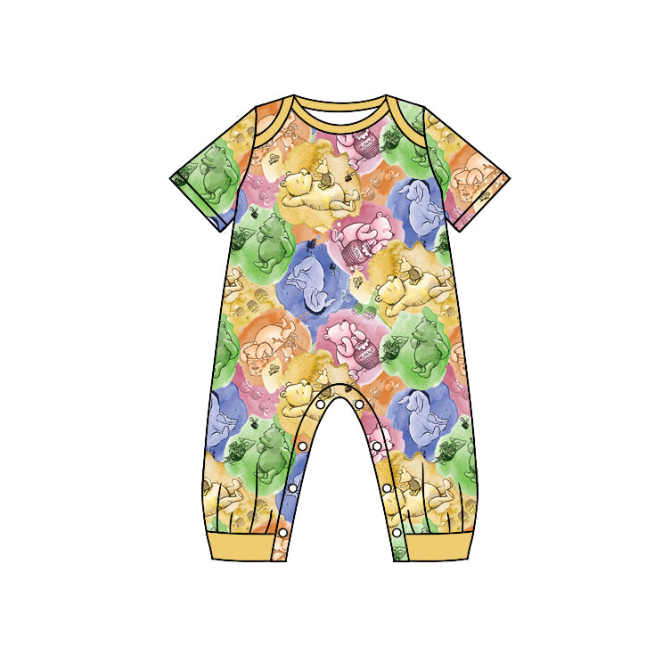 custom Cartoon bear yellow short sleeve boys romper