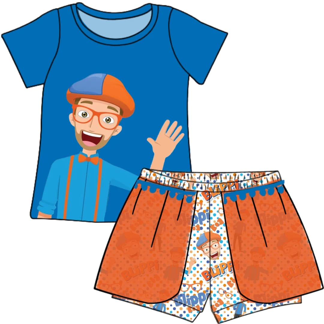 custom style cartoon boy blue short sleeve shorts girls set tat 6-8 weeks