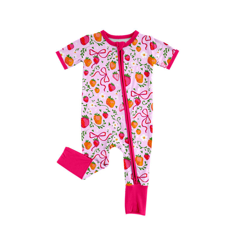 custom moq 5 cute strawberry bows hot pink zipper short sleeve girls romper