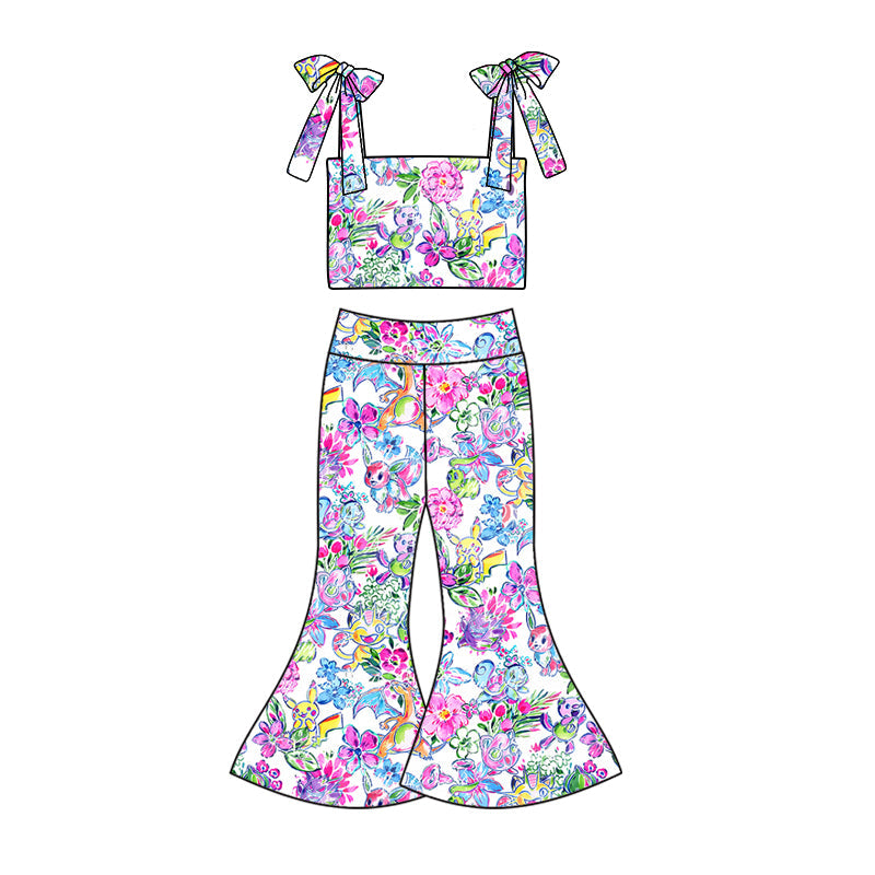 custom (moq 5)Baby Girls Cartoon Colorful Flowers Straps Top Bell Pants Clothes Sets