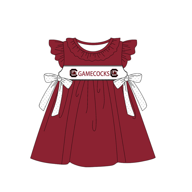 Custom Moq 3 Football Team Game Cocks Maroon Flutter Sleeve Bows Girls Dress