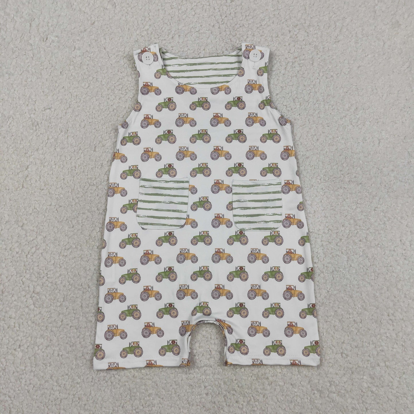 SR1586 farm tractor pockets green striped sleeveless boys romper