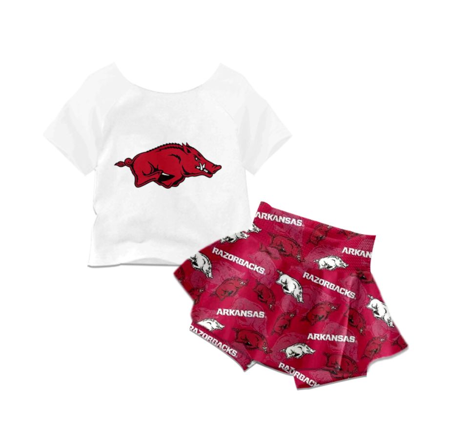 custom style Arkansas white short sleeve red short skirts girls set moq 3