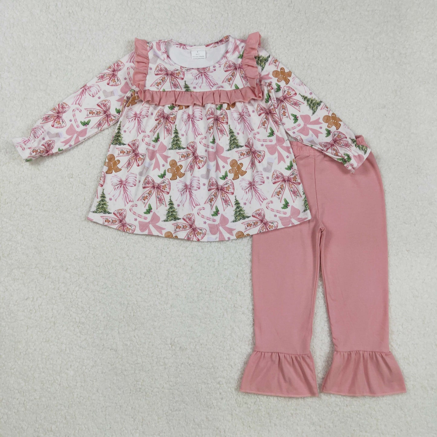 GLP2541 Christmas bows tree candy cane gingerbread man holly berry pink long sleeve pants girls set