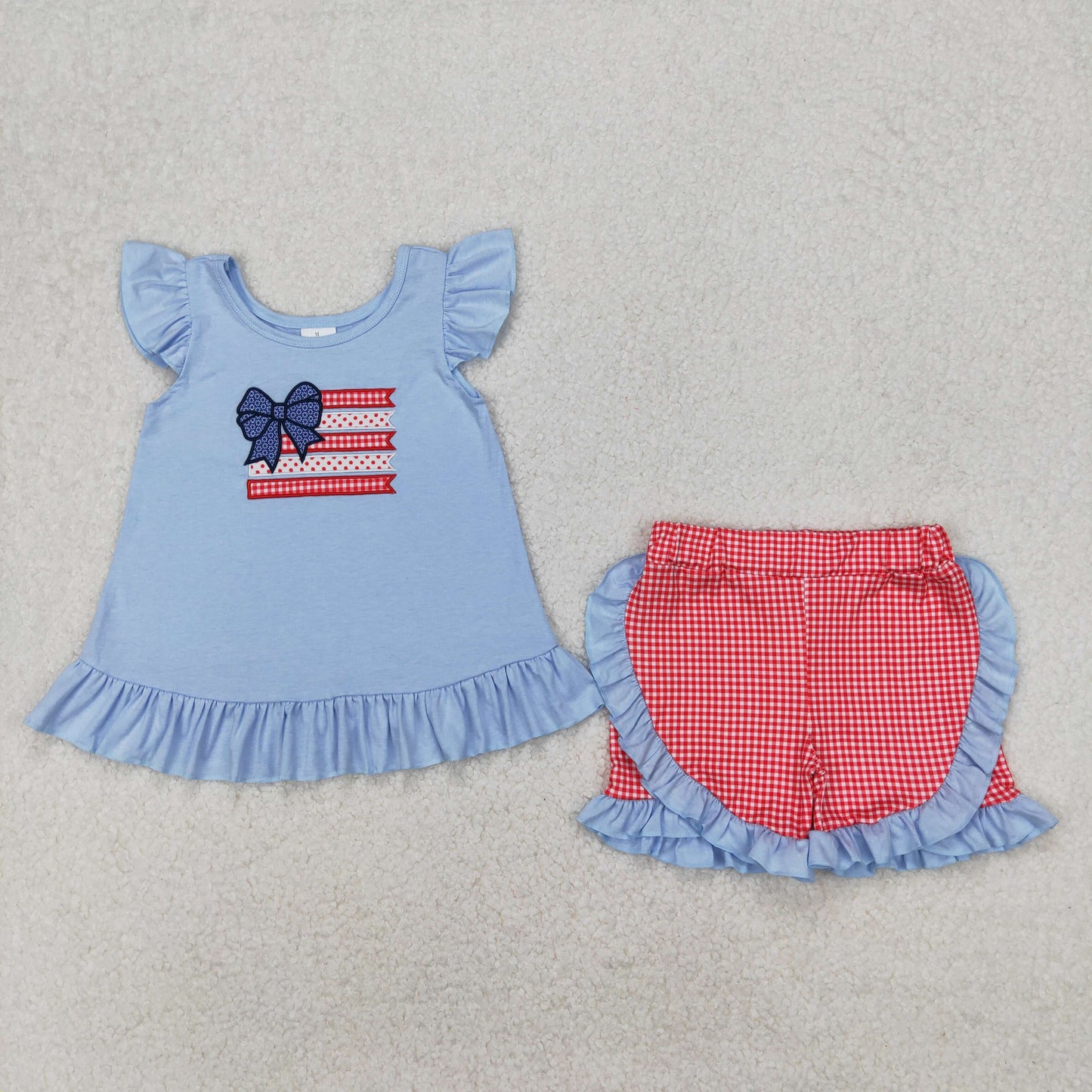 embroidery GSSO1822 July 4th Flag Bow Flutter Sleeve Red Checkered Girls Set
