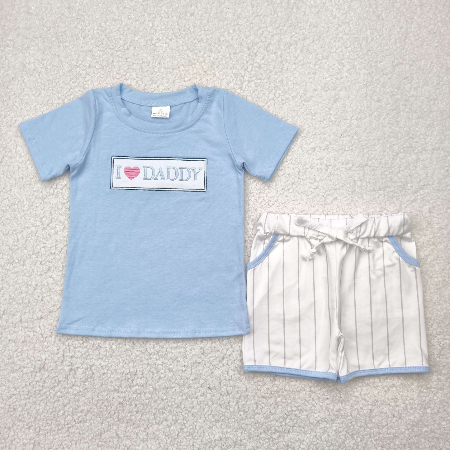 embroidery BSSO1434 i love daddy blue short sleeve shorts boys set