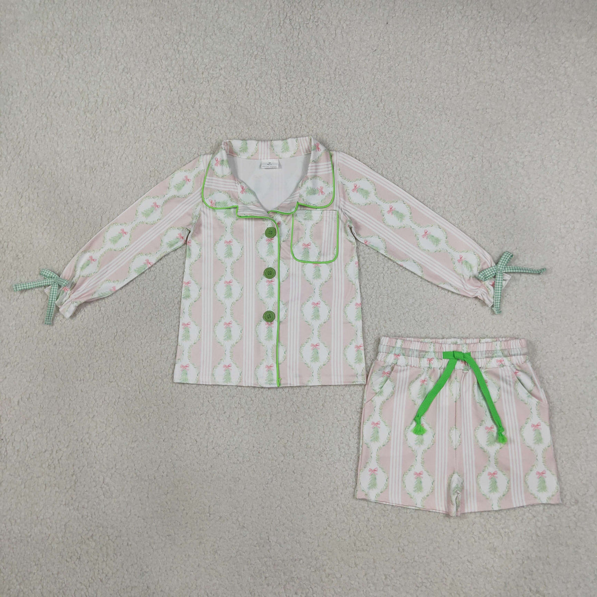 GLS0171 Christmas Tree Bows Pink Long Sleeve Shorts Girls Set