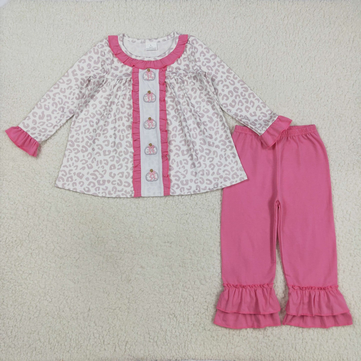 embroidery GLP2353 pimpkin leopard long sleeve pink pants girls set