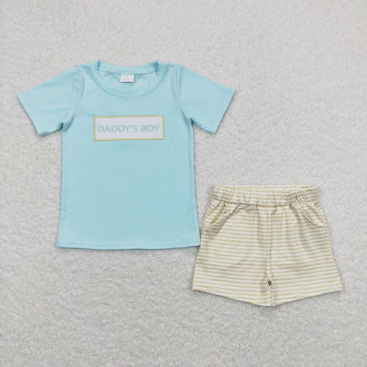 BSSO0522 embroidery daddy's boy sky blue short sleeve yellow striped shorts boys set
